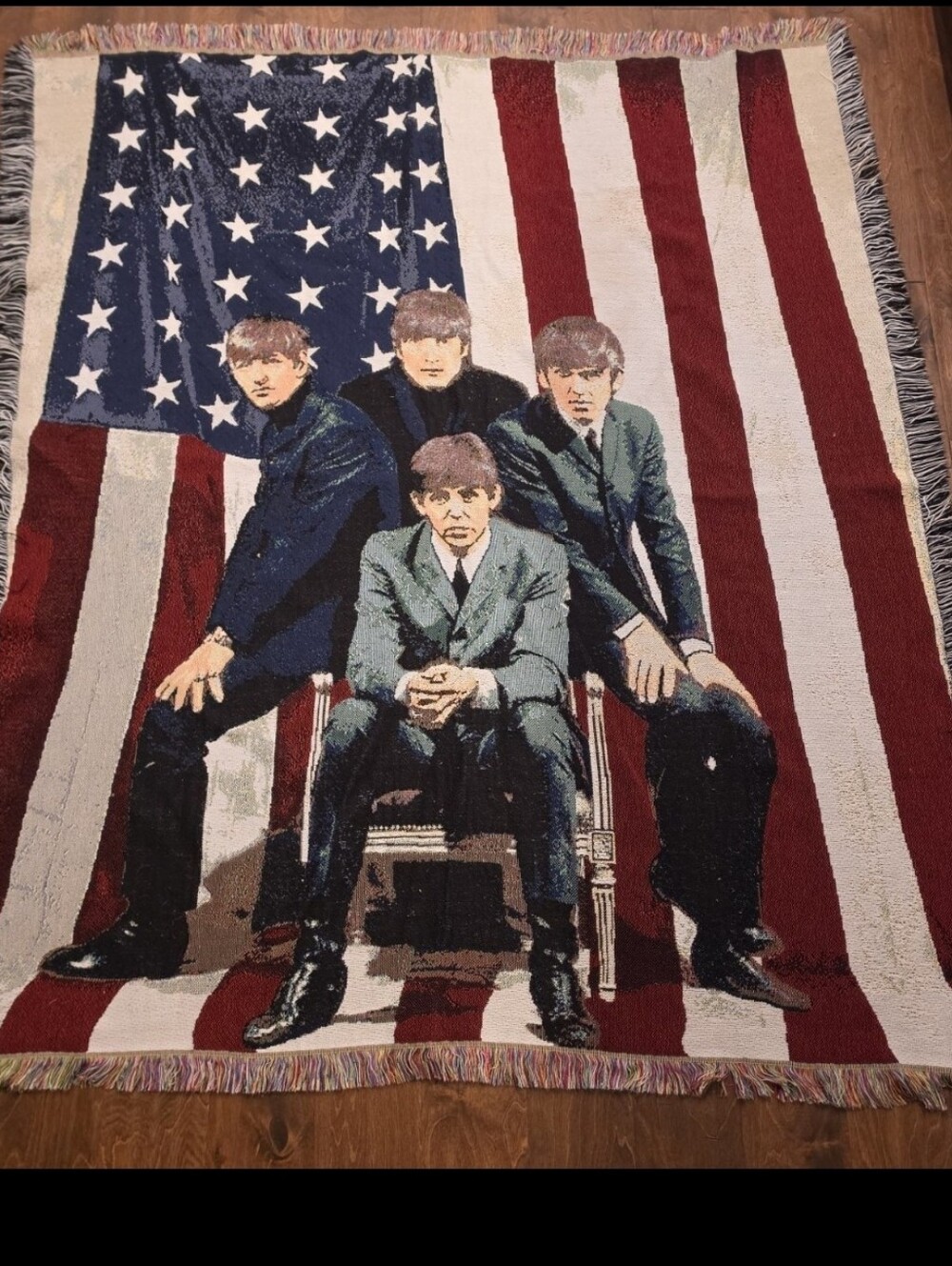 THE BEATLES AFGHAN W/ AMERICAN FLAG (100% COTTON THROW BLANKET)53×65